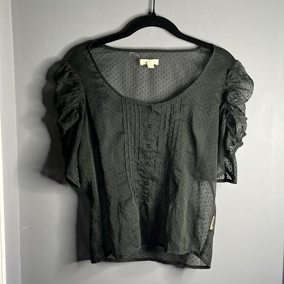 Silence + Noise Black Pin Dot Sheer Puff Sleeve Blouse Size Small - Picture 2 of 7